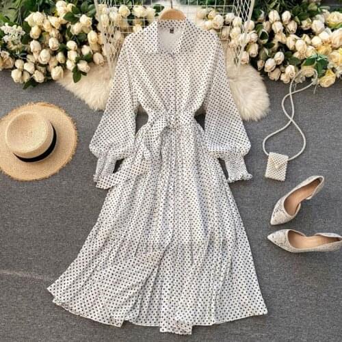 Women Elegant Long Dress With Belt Polka Dot Print Office Lady Shirt Dress Long Sleeve Pleated Chiffon Dress Vestidos
