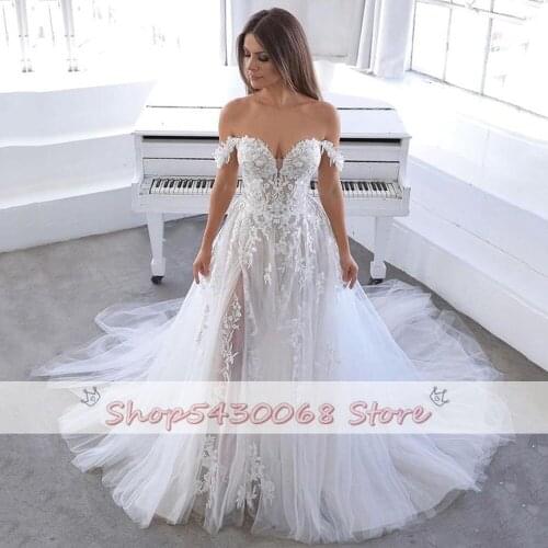 Beach Wedding Dress 2021 Lace Applique Wedding Gowns Off the Shoulder High Side Slit Princess Bride Dresses Boho Bridal Gown