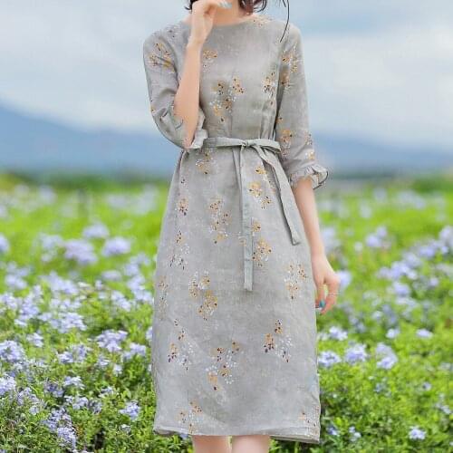 New Original Womens Summer Dress Women Linen Dress Printing Butterfly Sleeve Literary Long Dress for Women