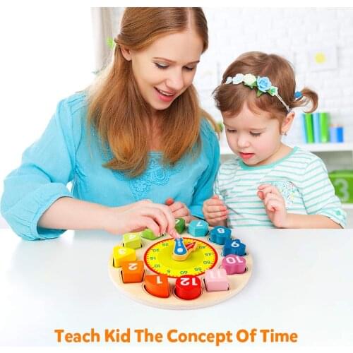 Wooden Shape and Color Classification Clock-Teaching Time Digital Building Block Puzzle Stack Classifier Puzzle Montessori Early