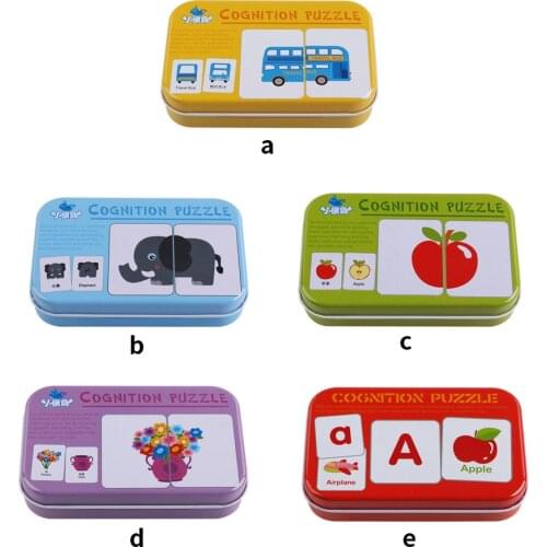 Baby Kids Cognition Puzzles Toys Toddler Iron Box Cards Matching Game Cognitive Cards Vehicl Fruit Animal Life Sets Pair Puzzles