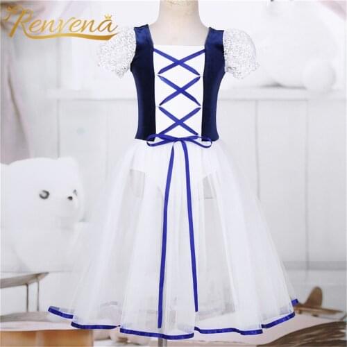 Kids Girls Ballet Tutu Dress Elegant Girls Dresses Dancewear Velvet Mesh Lacework Short Bubble Sleeves Gymnastics Leotard Dress