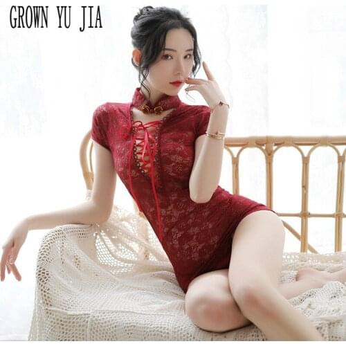 Erotic Cosplay Costume Sex Skirt Lace Backless Qipao Temptation Sexy Hollow Out Bandage Cheongsam Dress Porno Uniforms Lingerie