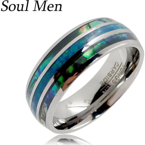 8mm Wide Abalone Shell Tungsten Carbide Rings Dome Triple Grooved Opal Inlaid Men Women Wedding Band Never Fade Forever Ring