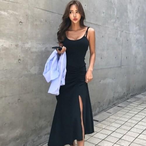 Summer Holiday High Street Sexy V Neck Black Spaghetti Strap Side Splits Irregular Dress Women Sleeveless Retro Drawstring Waist