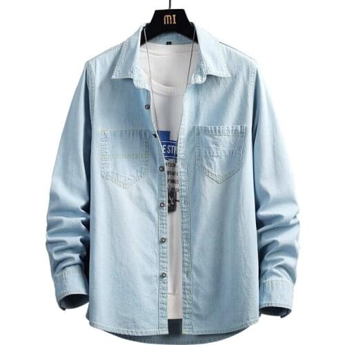 Mens Single-breasted Casual Pockets Denim Shirt Classic Long Sleeve Washed Jean Blouse Top Light Dark Blue Spring Autumn