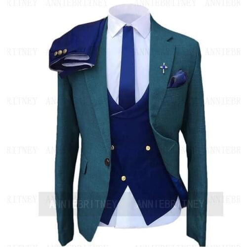 2021 Indigo Men Suit 3 Piece Navy Blue Casual Wedding Suits for Groom Wear Slim fit Tuxedo Business Blazer with Pants vest Set