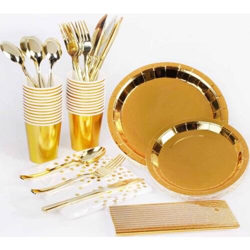 Golden party disposable tableware set party decoration paper cup tray wedding birthday baby shower balloon party supplies