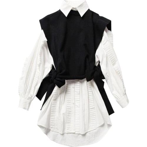 2020 Autumnn NEW Women Twinset Top White Ruched Long Shirt and Black Vest Twinset Chic Shirt Top