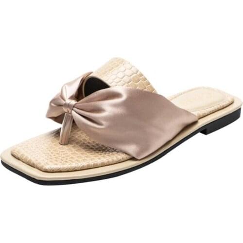 Women Slippers Ribbon Personality Stone Pattern Flip Flops Solid Color Non-slip Sexy Square Head Open Toed Woman Shoes