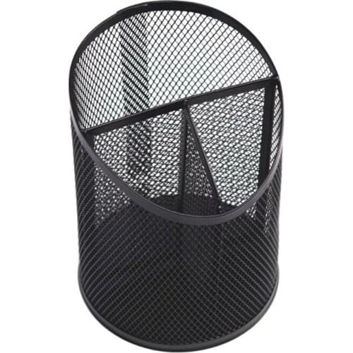 High Quality Round Steel Mesh 3 Storage Compartments Black and Silver Lovely Girls Women Makeup Brush Holder Durable