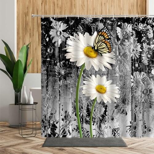 White Floral Butterfly Shower Curtain Daisy Flowers Black Wood Stripe Backdrop Waterproof Bath Partition Bathroom Decor Curtains