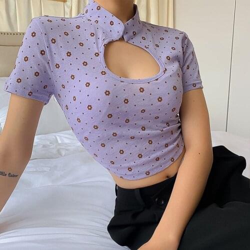 2021 summer womens new explosive cheongsam style small floral print cropped short-sleeved shirt T-shirt women