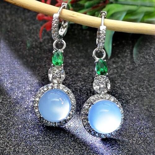 Luxury Imitation Moonstone Brincos Silver Dangle Earrings for Women Fashion Jewelry Wedding Engagement Statement Drop Earings