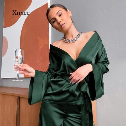 2021 Spring and Autumn Womens Home Suit Loose Flared Pants Quarter-Sleeve Satin Suit Bathrobe Home Service Fashion