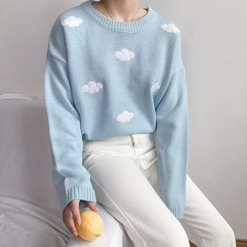 Autumn Knitted Sweater Women Pullover Cute Cloud Embroidery Loose Knitwear Korean O-Neck Casual Jumpers For Women Sueter Mujer