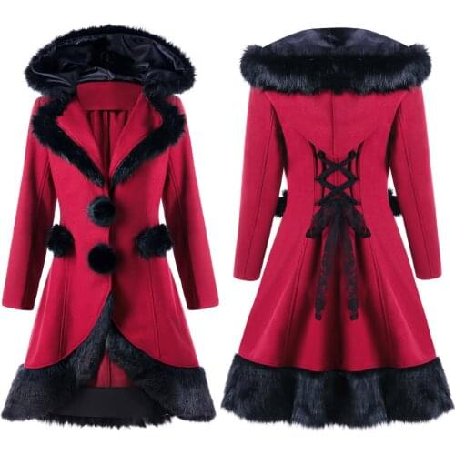 2020 Autumn and Winter Medieval Vintage Gothic Tuxedo Long Coat Christmas Red Fashion Fur Collar Stitching Ladies Woolen Jacket