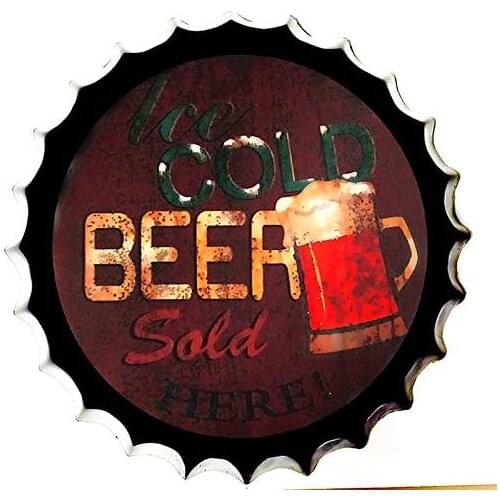 Tin Sign Bottle Cap Metal Tin Sign Refreshing Cold Beer , Round Metal Signs for Home and Kitchen Bar Cafe Gas Station Garage