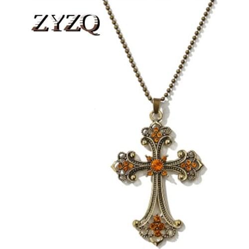 ZYZQ Trendy Cross Necklace For Women With Clear Champagne Color Crystal Stone Festival Gift Present Necklace Wholesale Lots&Bulk