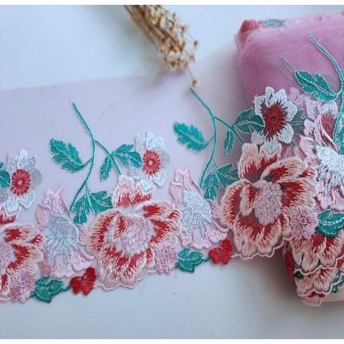 15YDS Pink Transparent Mesh Pink Mixed Flower Embroidered Scalloped Tulle Lace 14cm Width Wedding,Skirt,Garment,Undergarment