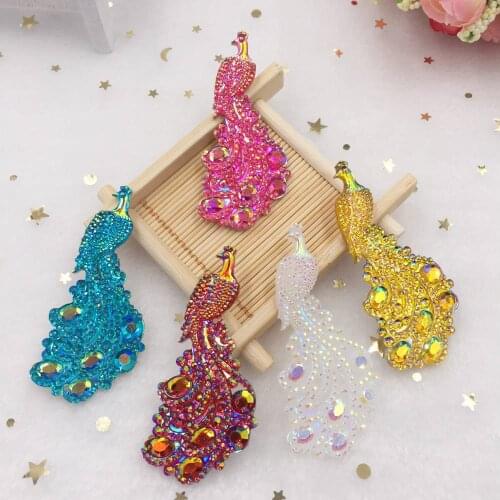 5pcs AB Resin Peacock Gem Flatback Rhinestone 30*65mm Wedding DIY 2 Hole Ornament Crafts W27