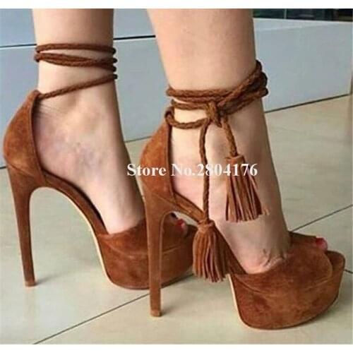 Western Fashion Peep Toe Suede Leather High Platform Stiletto Heel Gladiator Sandals Brown Ankle Straps Tassles High Heel Sandal