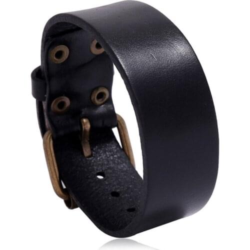 Punk Fashion Black Genuine Leather Casual Bracelet Belt Wristbands Simple Charm Biker Bangle Wrap Women Men Retro Gothic Jewelry