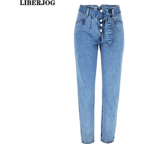 LIBERJOG Women Jeans Casual Multi-size Belt Denim Pants Row Clasp Vintage Femme Sexy Trousers Female Fashion Nine Part Pants