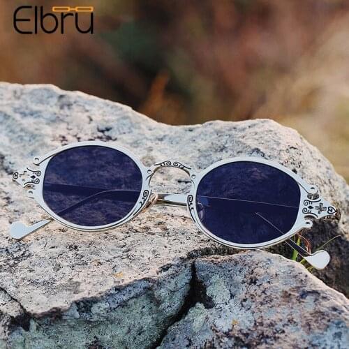 Elbru Retro Luxury Steampunk Oval Sunglasses Gothic Metal Frame Engraved Sunshades Brand Designer UV400 Sun Glasses Male Female