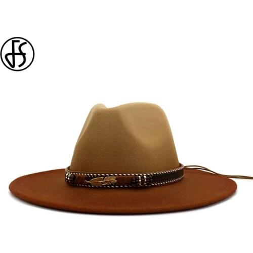 FS Women Men Wool Jazz Fedora Hats Casual Men Women Ribbon Wide Brim Felt Hat Beige Green Camel Gradient Panama Trilby Party Cap