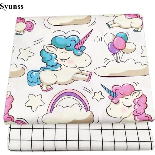 Syunss White Unicorn Grid Printed Cotton Fabric for Diy Patchwork Quilting Baby Cribs The Cloth Cushions Blanket Sewing Tissus