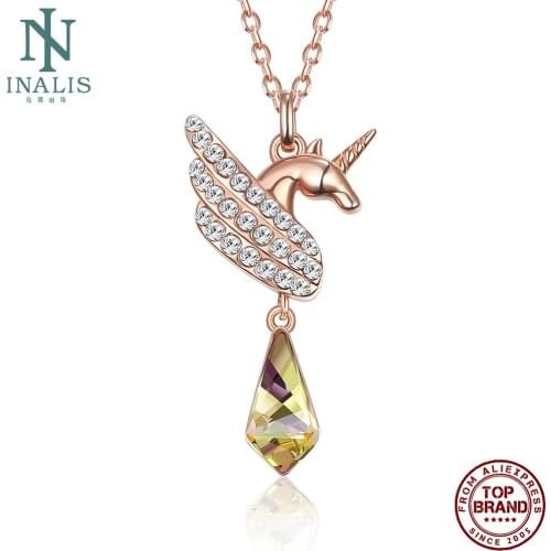 INALIS Cute Unicorn Pendant Necklaces Romantic Tree Colored Austrian Crystal Women Necklace Luck Festival Fashion Jewelry Gift