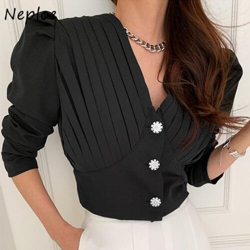 Kuzuwata V Neck Long Sleeve Single Breast Blouse Women Draped Design Work Style Ol Solid Blusas Spring 2021 New Slim Shirt Femme