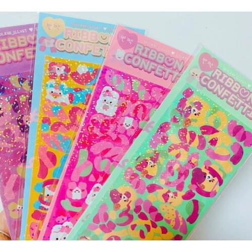 Korea Bear Laser Ribbon Chasing Star Sticker DIY Scrapbook Bottom Collage Phone Diary Happy Planner Gift Sealing Decoration