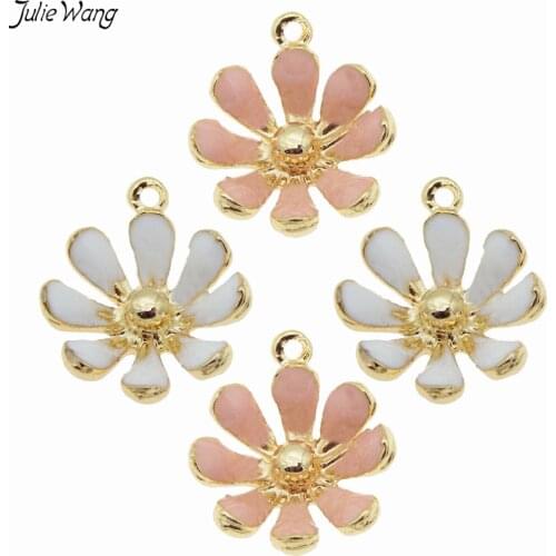 Julie Wang 10pcs/lot Cute Enamel Zinc Alloy Daisy Flower Charms Gold Tone pendant for DIY Bracelet Earring Finding Accessory