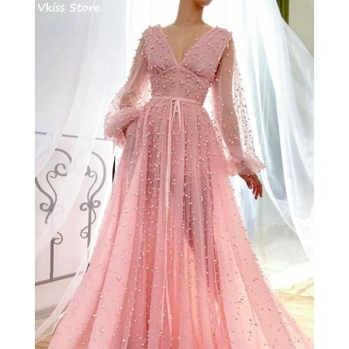 Cute Pink Evening Dress New A-line Beads Illusion Long Fuff Sleeves V-neck Floor Length For Prom Dress вечернее платье 2020