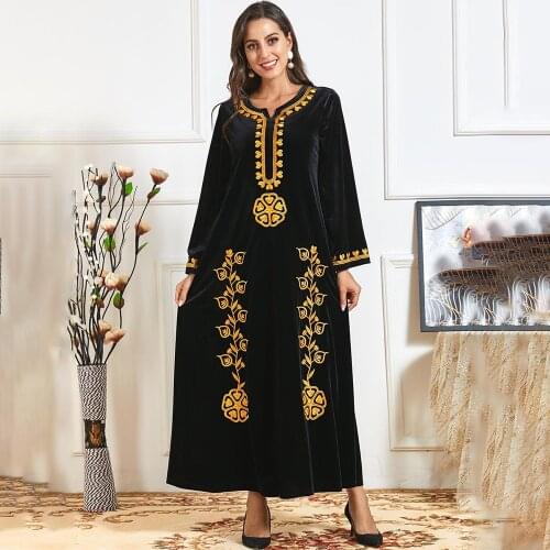 Muslim dress Womens floral thick velvet gold thread embroidery autumn and winter casual loose long skirt Abaya Dubai Dresses
