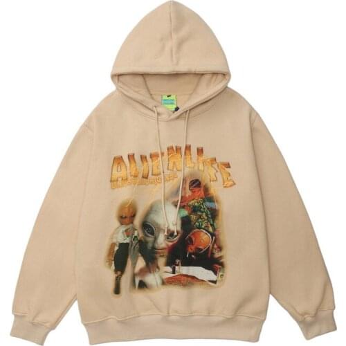 2021 Autumn Alien Print Khaki Fleece Mens Oversized Hoodies Pullover Hip Hop Women Hooded Sweatshirts Gothic Clothes Sweat Homme
