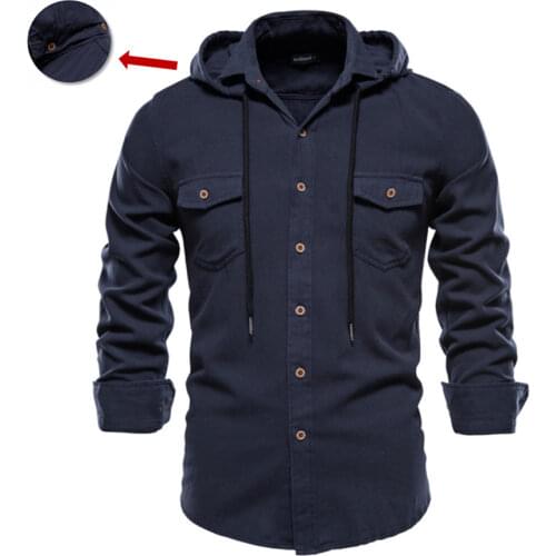 NEGIZBER Spring and Autumn New Hoodied Long Sleeve Shirt Men Solid Color 100% Cotton Quality Shirt for Men Casual Mens Shirts