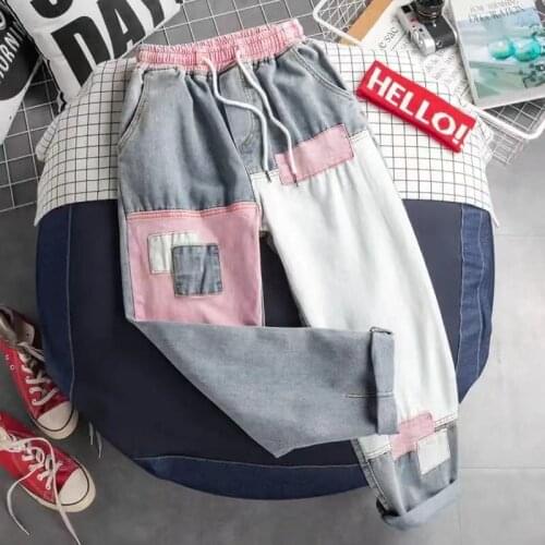 2021 New Style Mens Small Foot Denim Harem Pants Patch Beggars Casual Pants Stitching Fabric Wash Jeans Blue Color Trousers