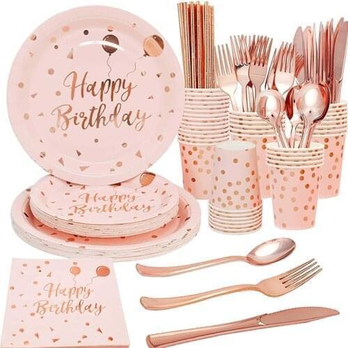 Cyuan Rose Gold Party Cup Plates Rose Gold Birthday Party Disposable Tableware Sets Kids Happy Birthday Party Decorations