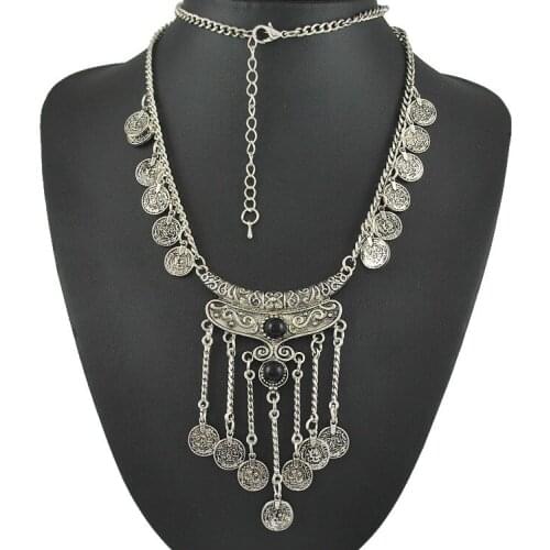 New Retro Antique Silver color Color Tibetan style Long Coins Boho Necklace Tassel Pendant Necklace for women jewelry