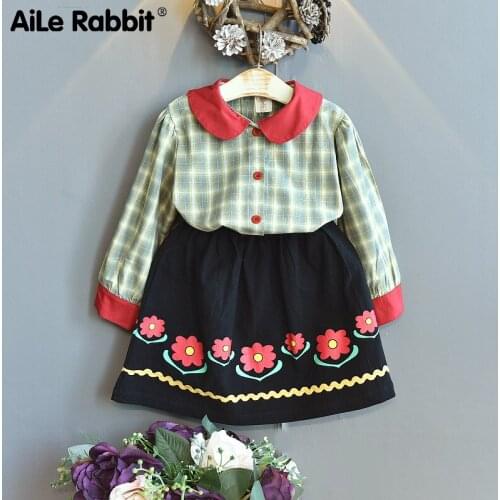 Girls' 2021 Autumn Suit New Plaid Contrast Long Sleeve Shirt + Half Skirt Two-piece Set