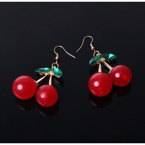Sweet Golden Toe Resin Fruit Fresh Green Leaf Red Cherry Harvest Stud Earrings E56A