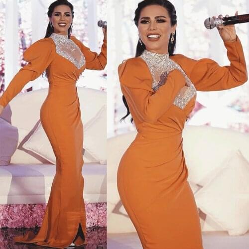 SuperKimJo High Neck Orange Evening Dresses Long Sleeve Beaded Arabic Mermaid Elegant Evening Gown Formal Dresses