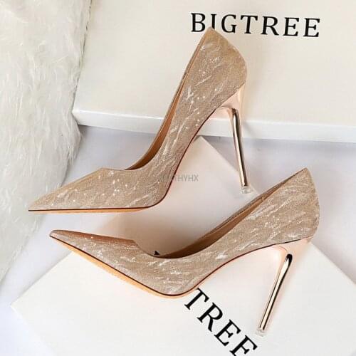 Elegant Party Shoes for Women Stiletto Heels Silver Glitter Pumps Woman Pointed Toe High Heeled Bling Wedding Shoes Mujer