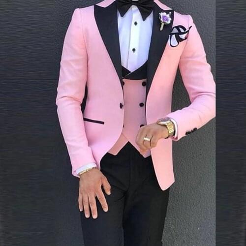 Spring/Autumn Black Peaked Lapel Pink Men Suits For Wedding Slim Fit Pants Custom Made Groomsmen Blazer Coat+Vest+Trousers New