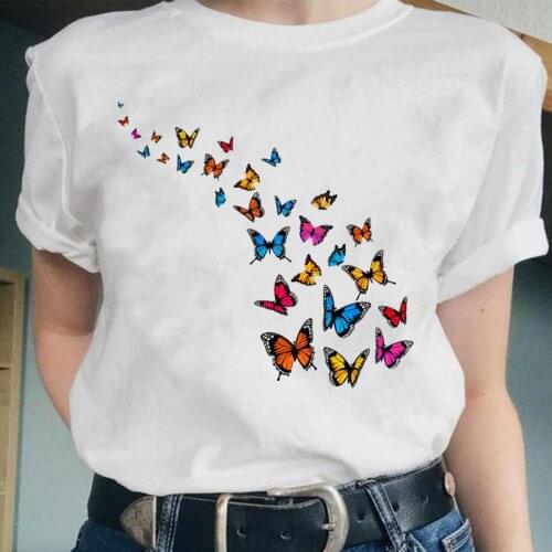 Women Butterfly Printing Beach Short Sleeve Lovely Graphic Fashion Female Clothes Tops Cartoon Lady Tees Tshirt Print T-Shirt