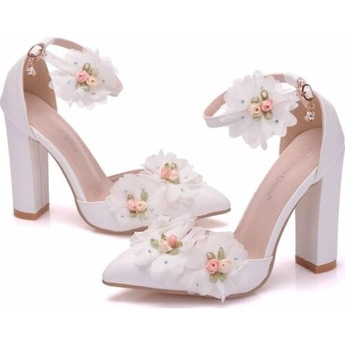 Women sandals wedding Party Lace PU Rhinestones Buckle Strap 10.5CM Thick High heel Pointed Toe Flowers women shoes size 35-42