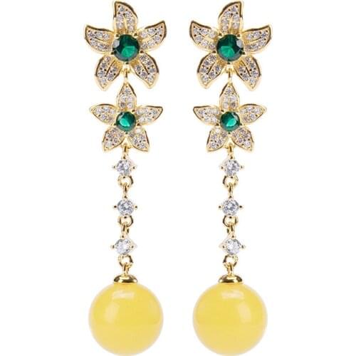 S925 sterling silver gold-plated natural amber stud earrings fashionable elegant long Lily earring pendant for ladies earrings